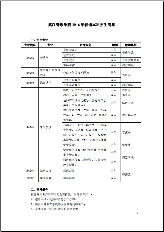 武漢音樂學院2016年本科招生簡章