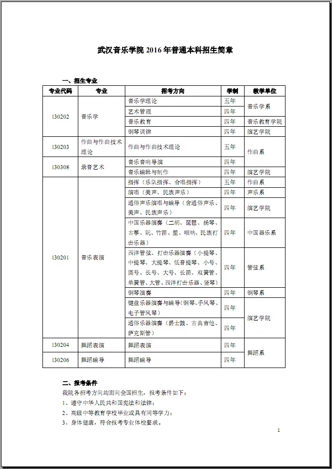 武汉音乐学院2016年本科招生简章